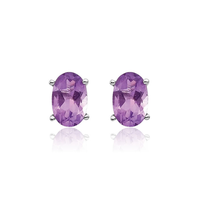 14K Solid White Gold Oval Purple Amethyst Studs Gemstone Earrings February Birthstone Jewelry