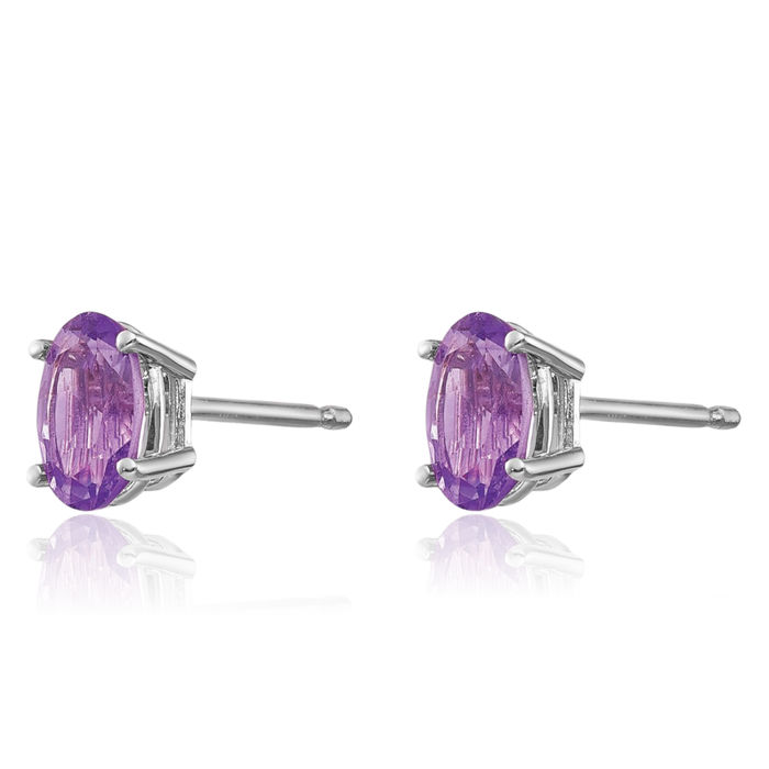 14K Solid White Gold Oval Purple Amethyst Studs Gemstone Earrings February Birthstone Jewelry