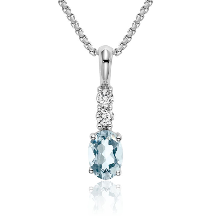 14K Solid White Gold Oval Blue Aquamarine Diamond Necklace Charm Gemstone Pendant March Birthstone Jewelry