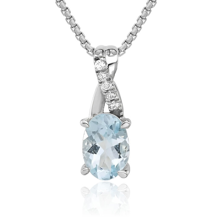 14K Solid White Gold Oval Blue Aquamarine Diamond Necklace Gemstone Pendant Charm March Birthstone Jewelry