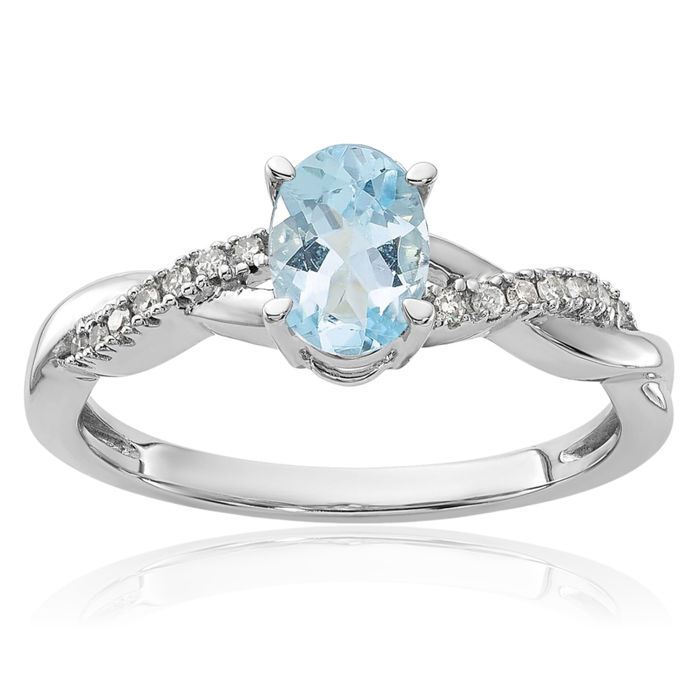 14K Solid White Gold Oval Blue Aquamarine Diamond Ring Gemstone Band March Birthstone Jewelry