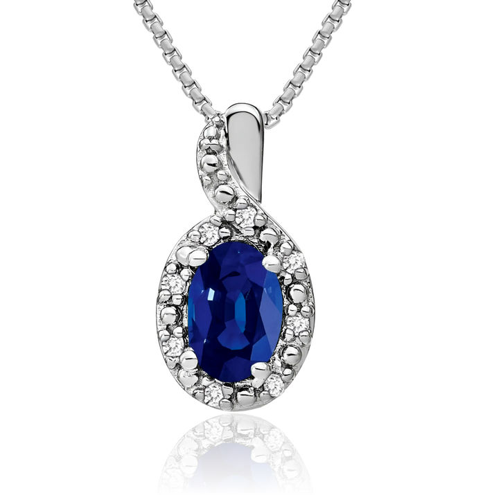 14K Solid White Gold Oval Blue Sapphire Diamond Halo Necklace Charm Gemstone Pendant