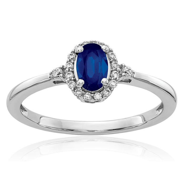 14K Solid White Gold Oval Blue Sapphire Diamond Halo Ring Gemstone Band September Birthstone Jewelry