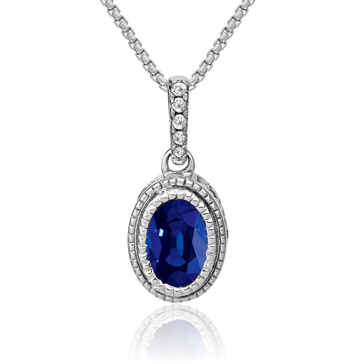 14K Solid White Gold Oval Blue Sapphire Diamond Necklace Charm Gemstone Pendant