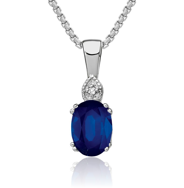 14K Solid White Gold Oval Blue Sapphire Diamond Necklace Charm Gemstone Pendant