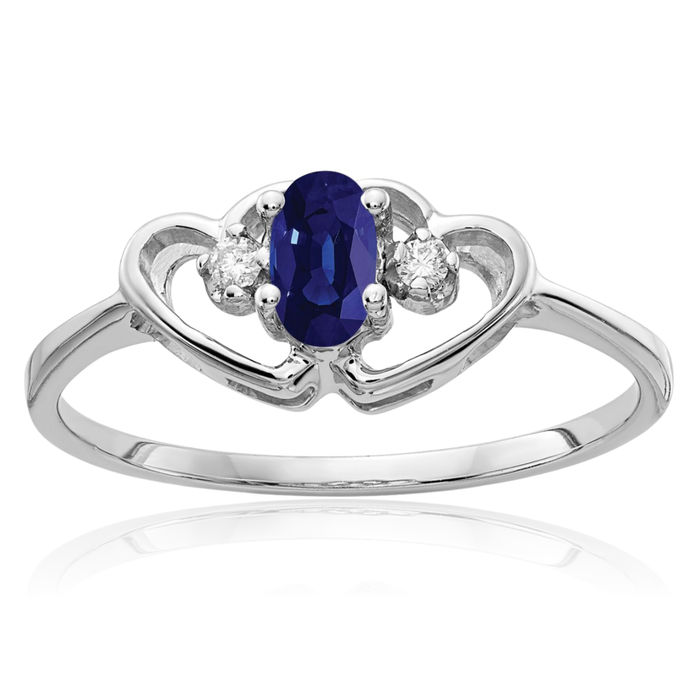 14K Solid White Gold Oval Blue Sapphire Diamond Ring Gemstone Band September Birthstone Jewelry