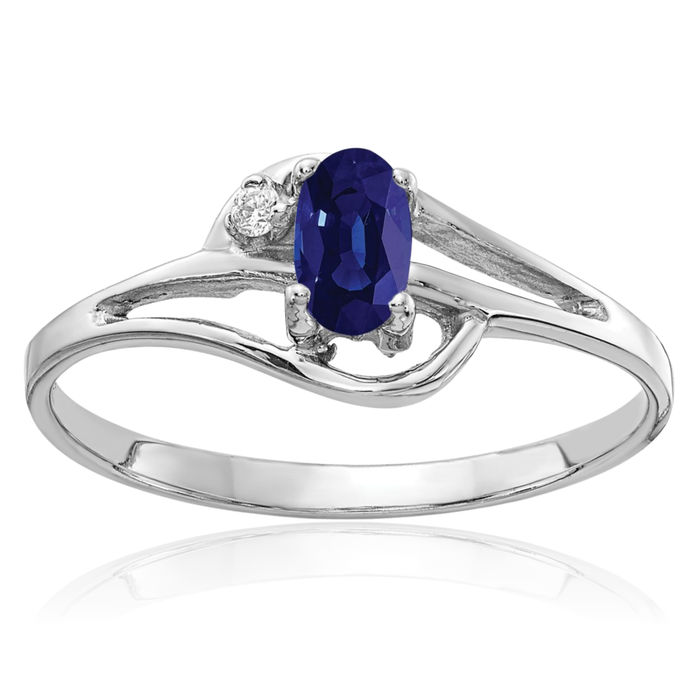 14K Solid White Gold Oval Blue Sapphire Diamond Ring Gemstone Band September Birthstone Jewelry