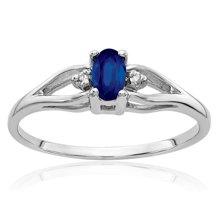 14K Solid White Gold Oval Blue Sapphire Diamond Ring Gemstone Band September Birthstone Jewelry