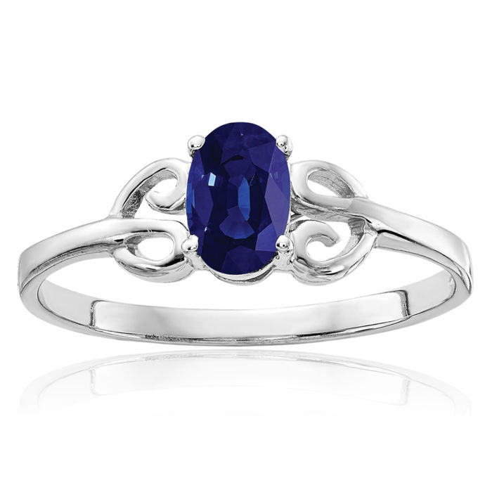 14K Solid White Gold Oval Blue Sapphire Ring Gemstone Band September Birthstone Jewelry