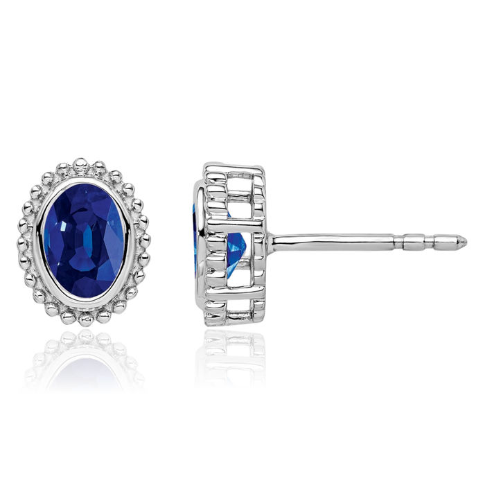 14K Solid White Gold Oval Blue Sapphire Stud Earrings September Birthstone Jewelry