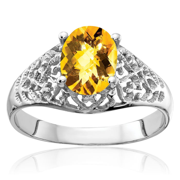 14K Solid White Gold Oval Yellow Orange Citrine Checker Ring Gemstone Band November Birthstone Jewelry