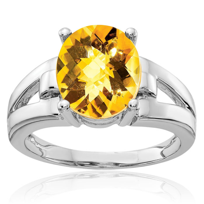 14K Solid White Gold Oval Yellow Orange Citrine Checker Ring Gemstone Band November Birthstone Jewelry