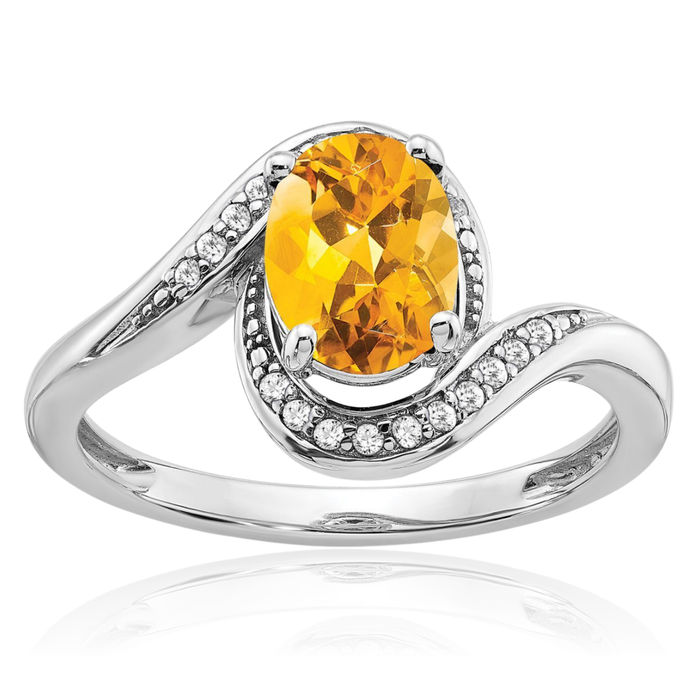 14K Solid White Gold Oval Yellow Orange Citrine Diamond Bypass Ring Gemstone Band November Birthstone Jewelry