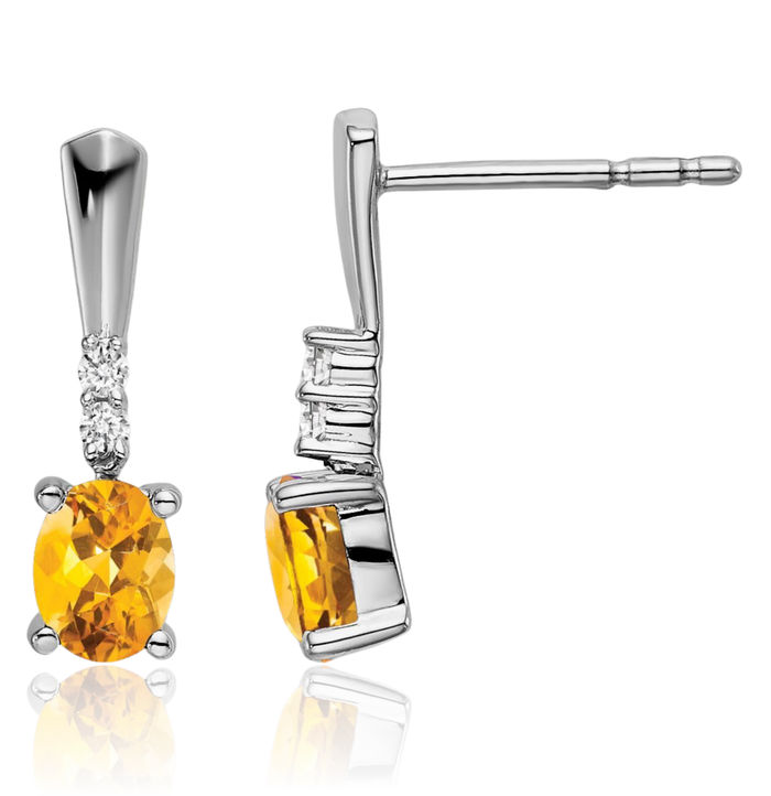 14K Solid White Gold Oval Yellow Orange Citrine Diamond Drop Dangle Earrings November Birthstone Jewelry