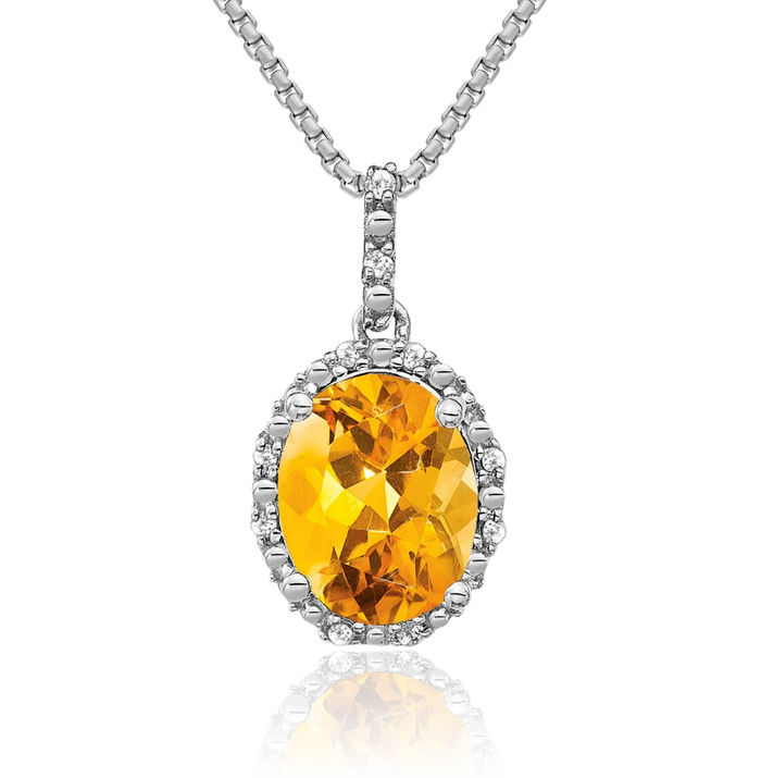 14K Solid White Gold Oval Yellow Orange Citrine Diamond Halo Necklace Charm Gemstone Pendant