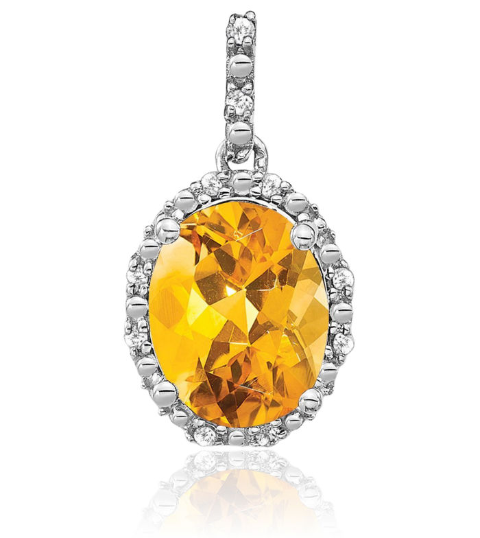 14K Solid White Gold Oval Yellow Orange Citrine Diamond Halo Necklace Charm Gemstone Pendant