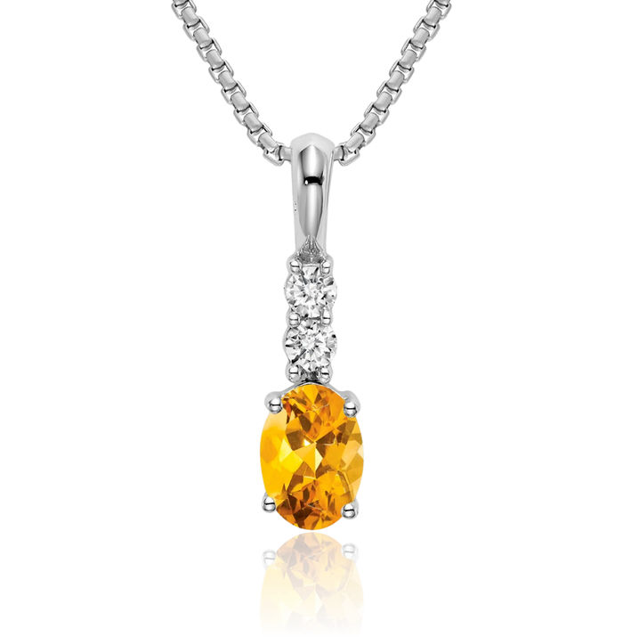 14K Solid White Gold Oval Yellow Orange Citrine Diamond Necklace Charm Gemstone Pendant November Birthstone Jewelry