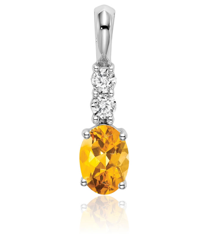 14K Solid White Gold Oval Yellow Orange Citrine Diamond Necklace Charm Gemstone Pendant November Birthstone Jewelry