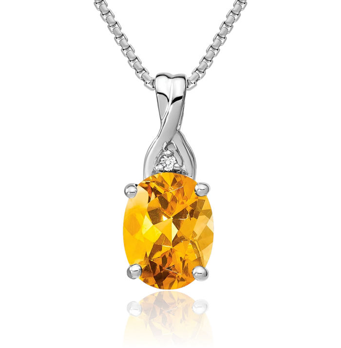 14K Solid White Gold Oval Yellow Orange Citrine Diamond Necklace Charm Gemstone Pendant