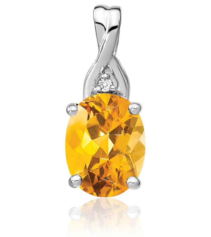 14K Solid White Gold Oval Yellow Orange Citrine Diamond Necklace Charm Gemstone Pendant