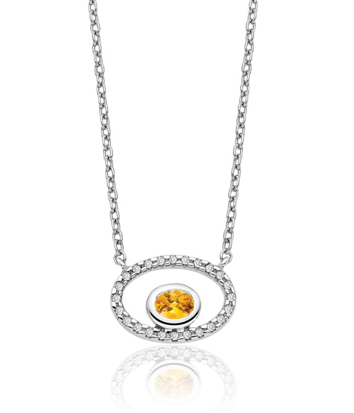 14K Solid White Gold Oval Yellow Orange Citrine Diamond Necklace Chain Gemstone Pendant Charm