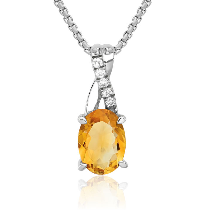 14K Solid White Gold Oval Yellow Orange Citrine Diamond Necklace Charm Gemstone Pendant