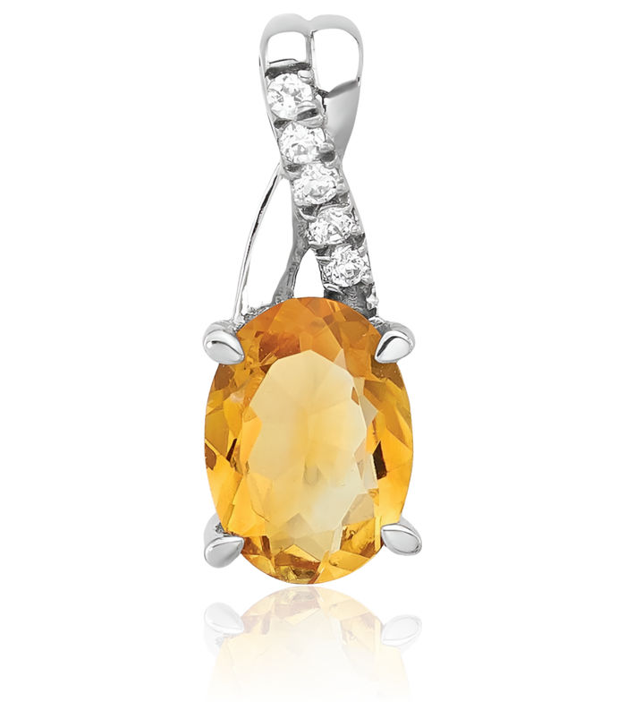 14K Solid White Gold Oval Yellow Orange Citrine Diamond Necklace Charm Gemstone Pendant