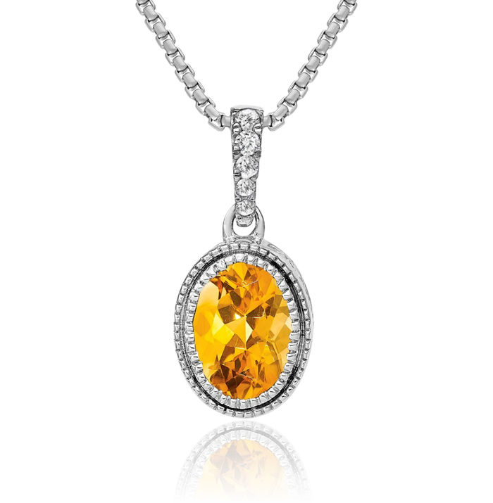 14K Solid White Gold Oval Yellow Orange Citrine Diamond Necklace Charm Gemstone Pendant