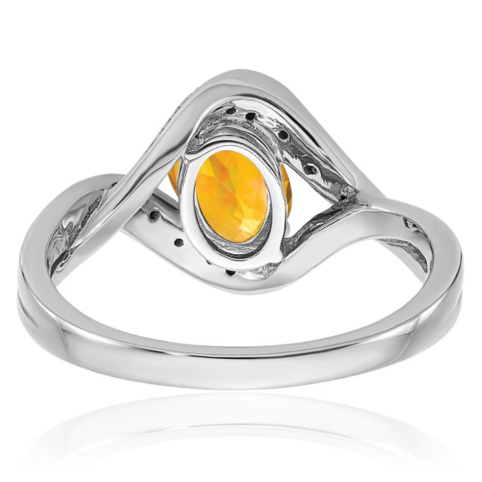 14K Solid White Gold Oval Yellow Orange Citrine Diamond Ring Gemstone Band November Birthstone Jewelry