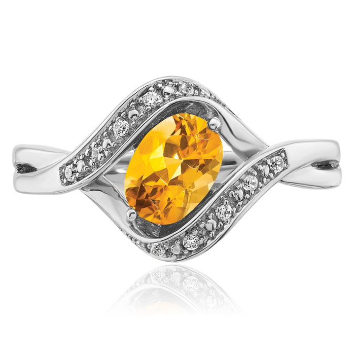 14K Solid White Gold Oval Yellow Orange Citrine Diamond Ring Gemstone Band November Birthstone Jewelry