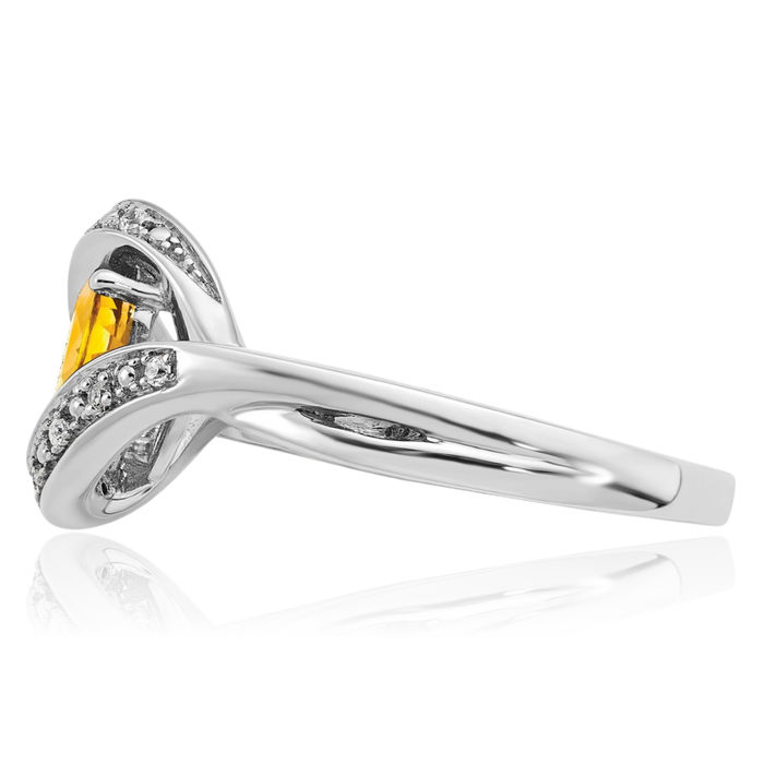 14K Solid White Gold Oval Yellow Orange Citrine Diamond Ring Gemstone Band November Birthstone Jewelry