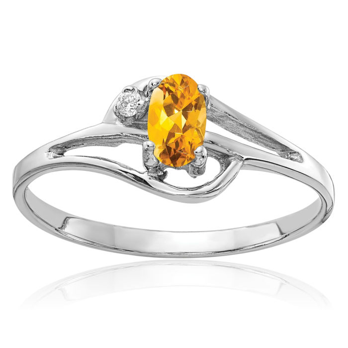 14K Solid White Gold Oval Yellow Orange Citrine Diamond Ring Gemstone Band November Birthstone Jewelry