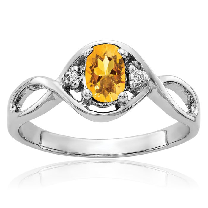 14K Solid White Gold Oval Yellow Orange Citrine Diamond Ring Gemstone Band November Birthstone Jewelry
