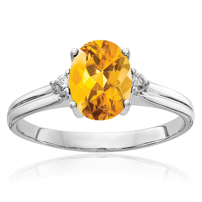 14K Solid White Gold Oval Yellow Orange Citrine Diamond Ring Gemstone Band November Birthstone Jewelry