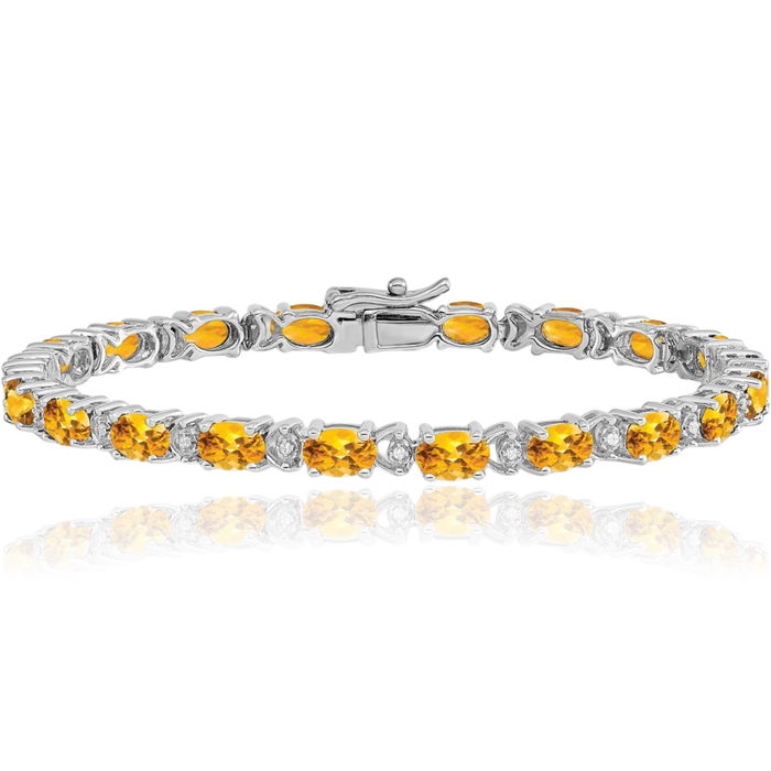 14K Solid White Gold Oval Yellow Orange Citrine Diamond Chain Gemstone Tennis Bracelet