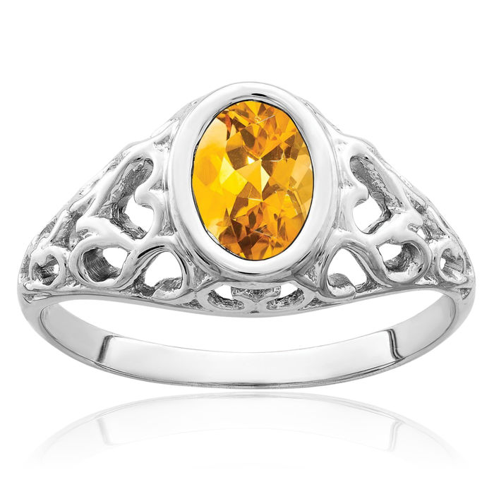 14K Solid White Gold Oval Yellow Orange Citrine Ring Gemstone Band November Birthstone Jewelry