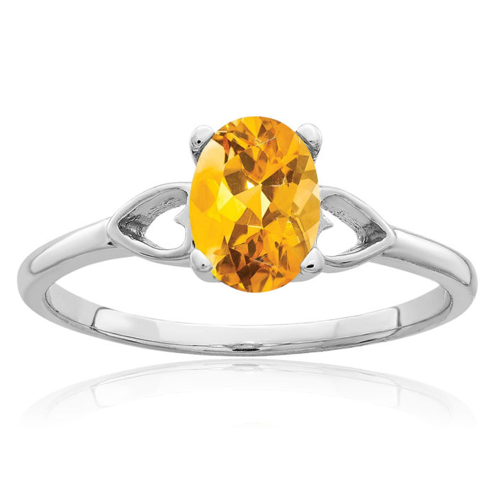 14K Solid White Gold Oval Yellow Orange Citrine Solitaire Ring Gemstone Band November Birthstone Jewelry