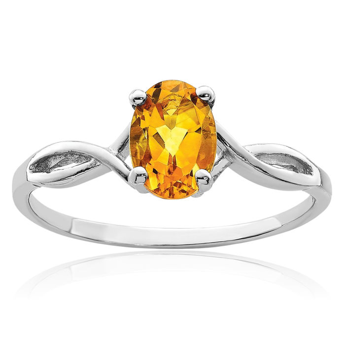 14K Solid White Gold Oval Yellow Orange Citrine Solitaire Ring Gemstone Band November Birthstone Jewelry