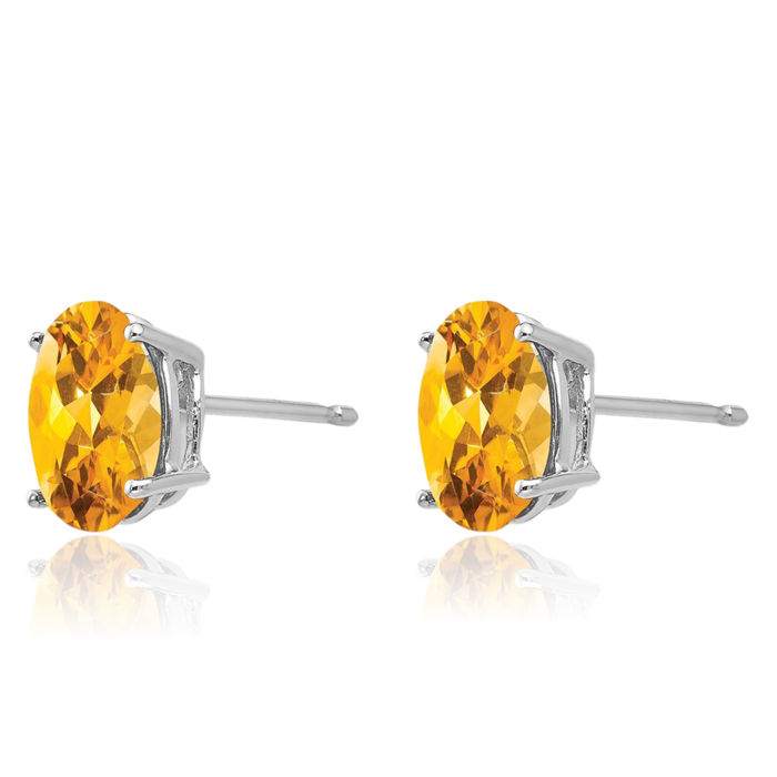 14K Solid White Gold Oval Yellow Orange Citrine Studs Gemstone Solitaire Earrings November Birthstone Jewelry