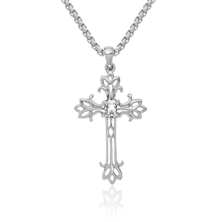 14K Solid White Gold Oval Cubic Zirconia CZ Holy Cross Necklace Chain Pendant Charm April Birthstone Jewelry