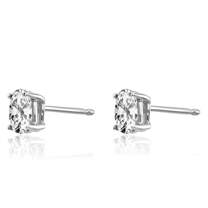 14K Solid White Gold Oval Cubic Zirconia CZ Stud Solitaire Earrings