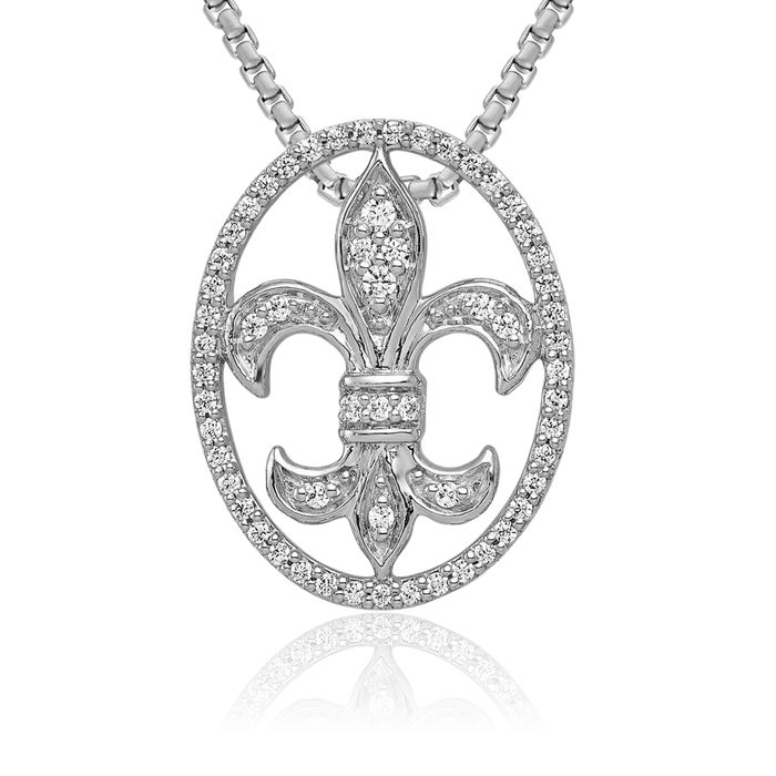 14K Solid White Gold Oval Diamond French Fleur De Lis Lily Flower Floating Chain Slide Pendant Necklace Religious Saint Charm