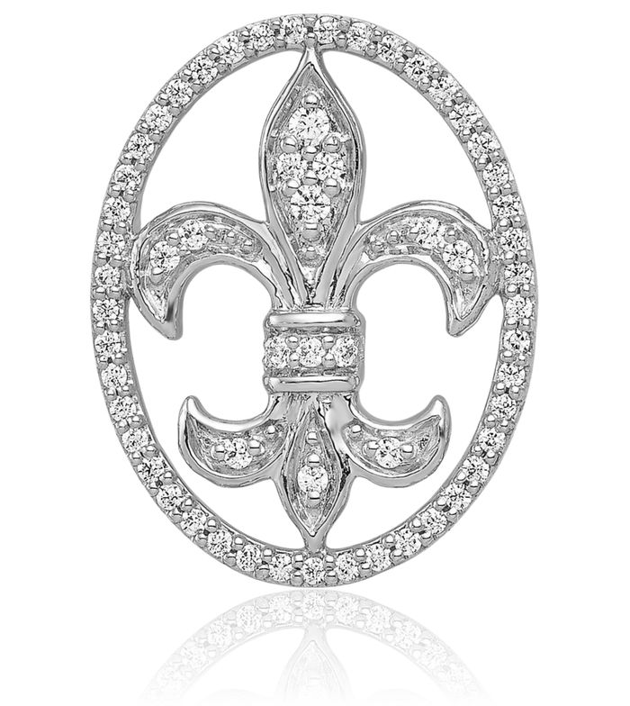 14K Solid White Gold Oval Diamond French Fleur De Lis Lily Flower Floating Chain Slide Pendant Necklace Religious Saint Charm