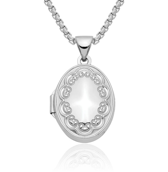 14K Solid White Gold Oval Embossed Personalized Photo Locket Necklace Picture Pendant Charm