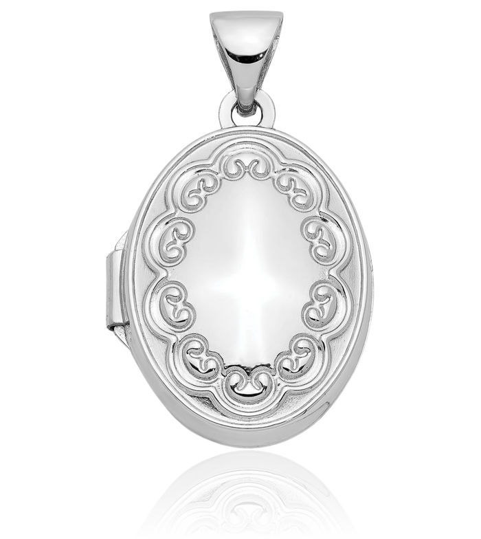 14K Solid White Gold Oval Embossed Personalized Photo Locket Necklace Picture Pendant Charm