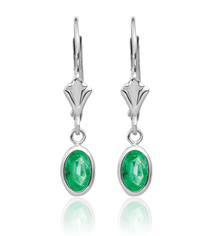 14K Solid White Gold Oval Green Emerald Drop Dangle Earrings May Birthstone Jewelry