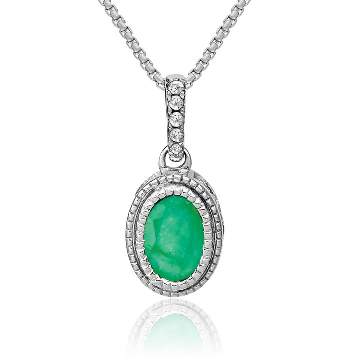 14K Solid White Gold Oval Green Emerald Diamond Necklace Charm Gemstone Pendant