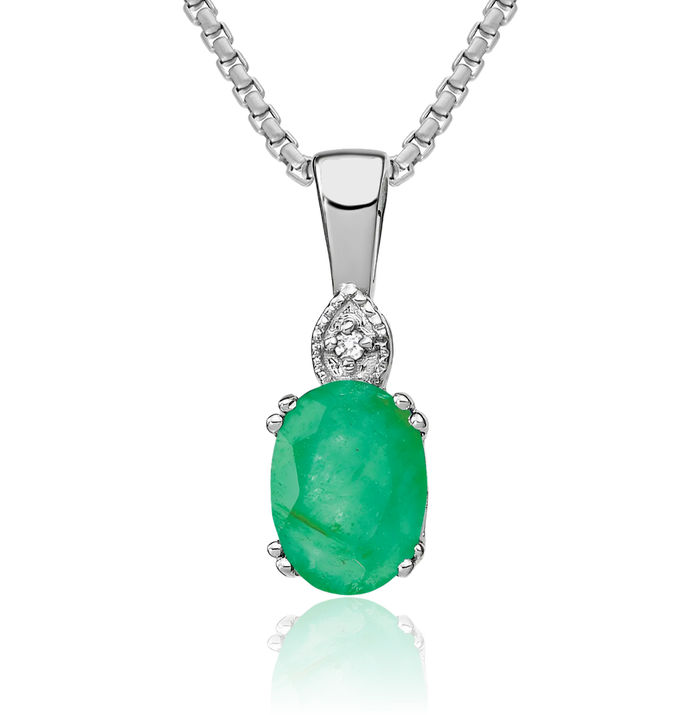 14K Solid White Gold Oval Green Emerald Diamond Necklace Charm Gemstone Pendant