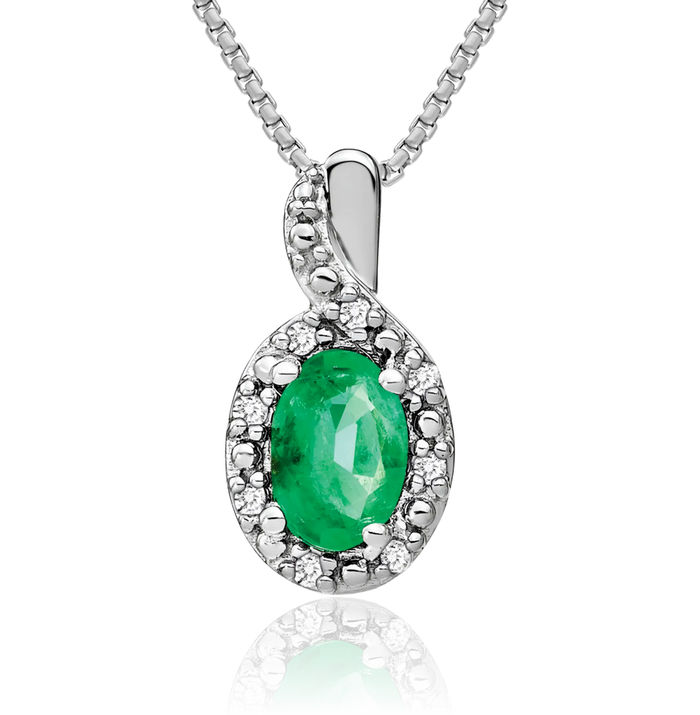 14K Solid White Gold Oval Green Emerald Diamond Necklace Charm Gemstone Pendant