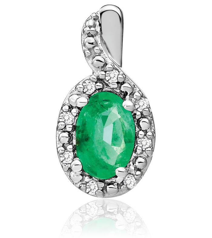 14K Solid White Gold Oval Green Emerald Diamond Necklace Charm Gemstone Pendant